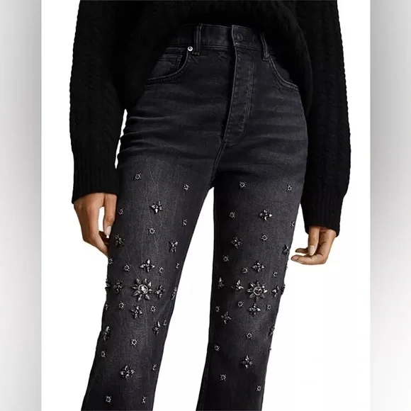 AllSaints NWT High-Waisted Rhinestone Embellished Flared Washed Black Jeans